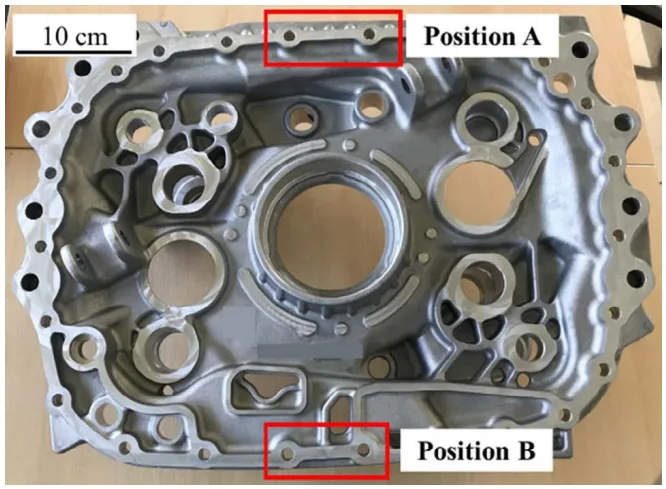 Fig.1 - Picture of the casting used for the present study with indication of the analyzed areas.