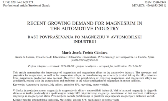 RECENT GROWING DEMAND FOR MAGNESIUM IN THE AUTOMOTIVE INDUSTRY