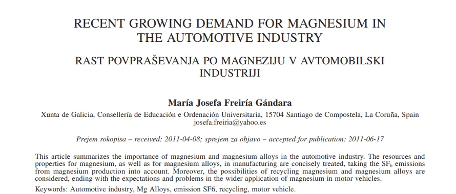 RECENT GROWING DEMAND FOR MAGNESIUM IN THE AUTOMOTIVE INDUSTRY