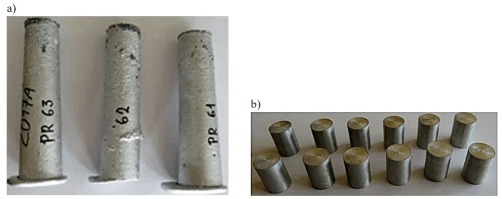 Fig. 1. Examples of: a) sand castings made of EN AW-2017A and b) cylindrical specimens made of these castings