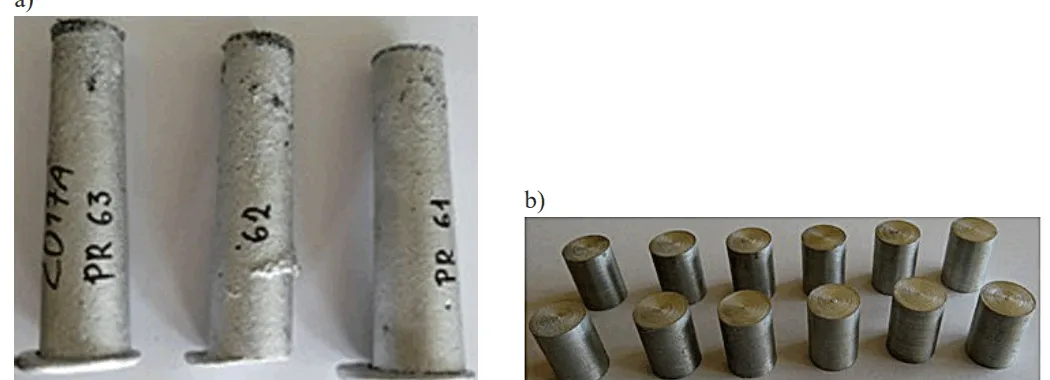 Fig. 1. Examples of: a) sand castings made of EN AW-2017A and b) cylindrical specimens made of these castings