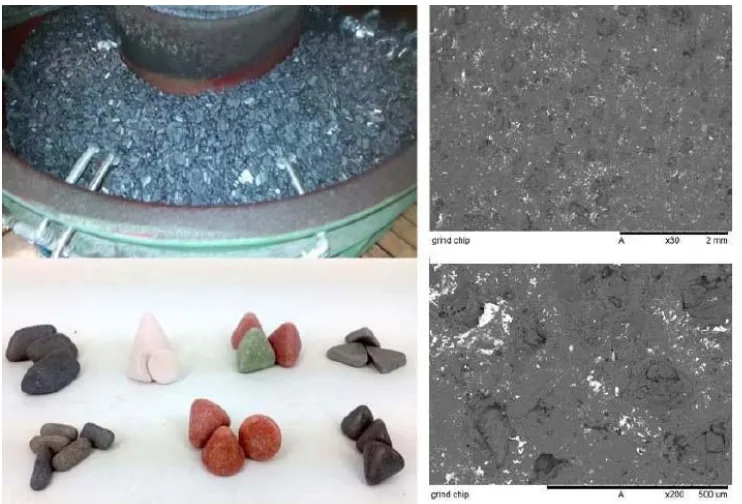 Figure 7 - Cast items and abrasive chips in the working vessel and different types of abrasive chips (left) and SEM images of the surface of grinding chips (right). 