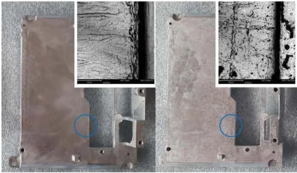 Figure 9 - Macro photos and SEM images of a zinc die cast sample surface before (left) and after (right) grinding. 