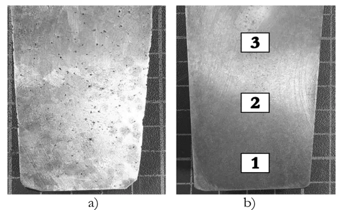 Fig. 2 Macrostructure of AlSi10.5Cu1.2Mn0.8Ni1.2Pb0.5 alloy a) sand mold b) metal mold