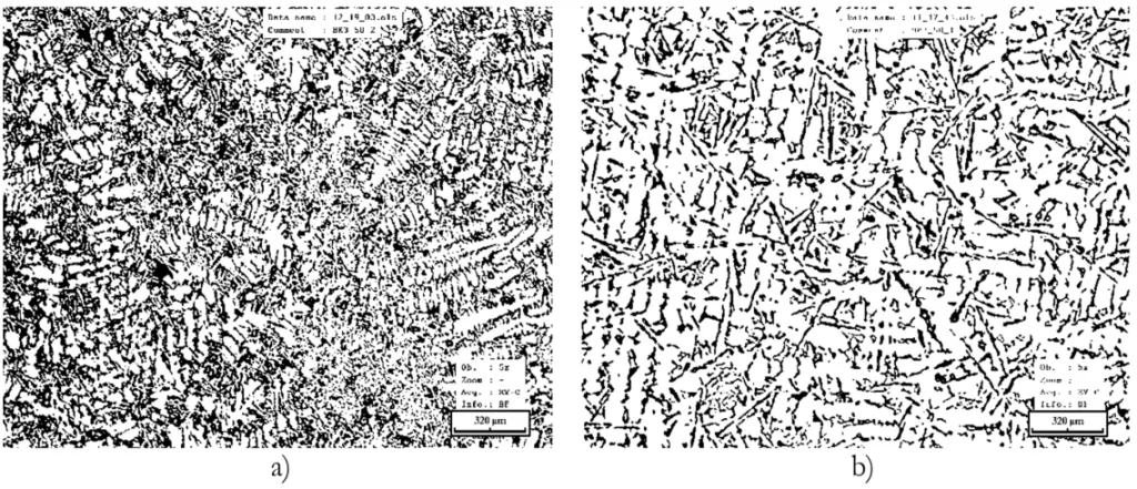 Fig. 4 Microstructure of the AlSi10.5Cu1.2Mn0.8Ni1.2Pb0.5 alloy – bottom part of the cast, a) metal mold b) sand mold 
