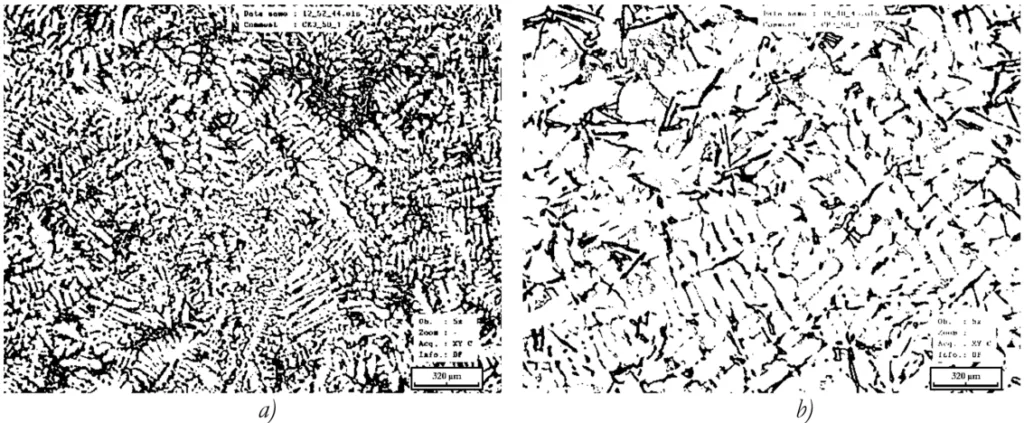 Fig. 5 Microstructure of the AlSi7Cu4 alloy – bottom part of the cast, a) metal mold b) sand mold 