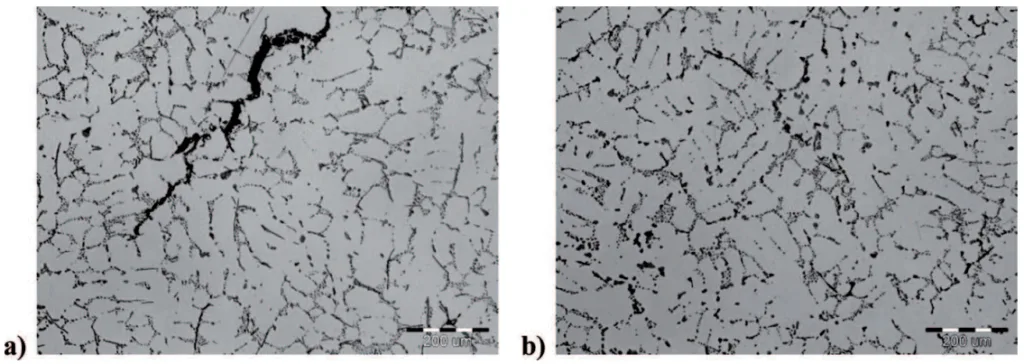 Fig. 1. Microstructure of casting with not acceptable defect (a) and
acceptable casting (b) of AlSi5Cu3 alloy