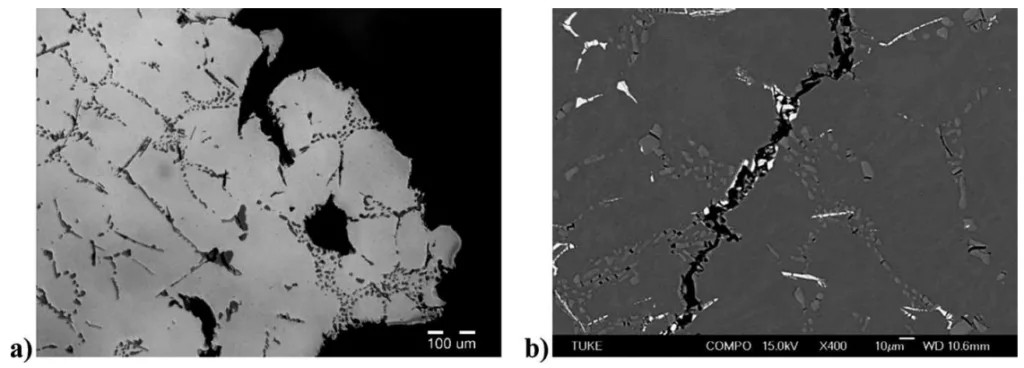 Fig. 2. Character of crack propagation in structure of casting with not acceptable defect documented by LM (a) and SEM (b)
