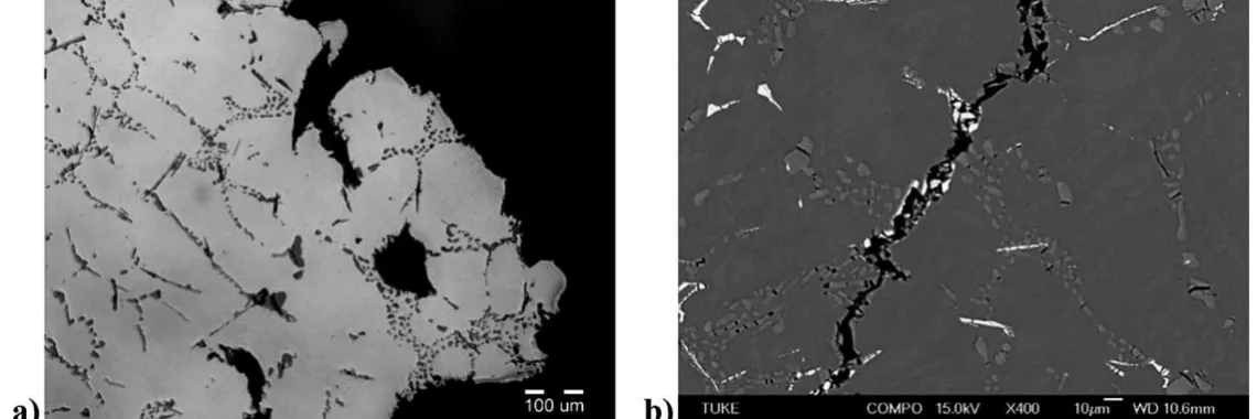 Fig. 2. Character of crack propagation in structure of casting with not acceptable defect documented by LM (a) and SEM (b)