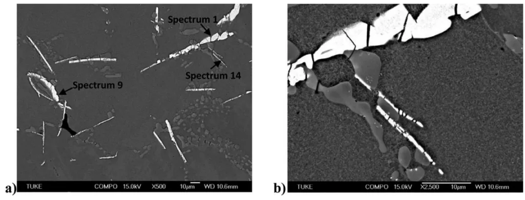 Fig. 3. Morphology of intermetallic phase particles in structure of non-suitable casting (a) and detail of particles (b)