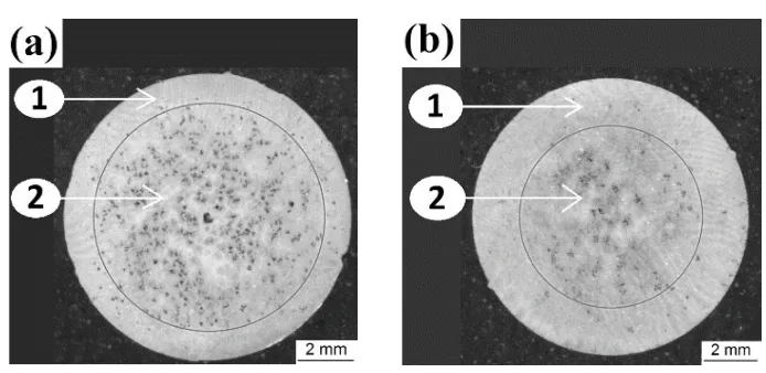 Fig. 4. Segregation of casting obtained: a) without cooling;b) with water mist cooling system method; 1 – boundary layer; 2 – cast core