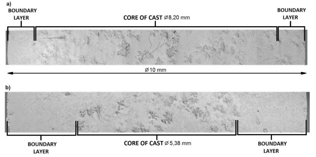 Fig. 5. Segregation of casting obtained a) without cooling; b) with water mist cooling system method