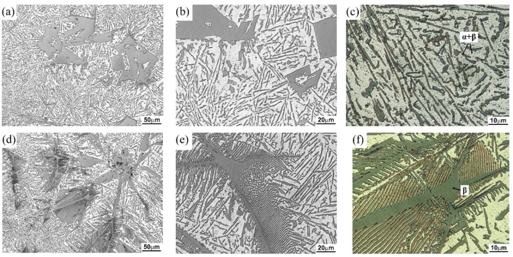 Fig. 7. Microstructure of researched Al-Si alloycasted in mould (Fig. 2) uncooled (a-c); cooled with water mist (d-f); phase β (Si), eutectic α + β (Al + Si)