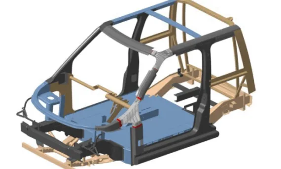 Fig. 1 Hybrid gussets Al-Steel for a full electric urban utility vehicle (red parts: steel inserts, white parts: Al-casting nodes).