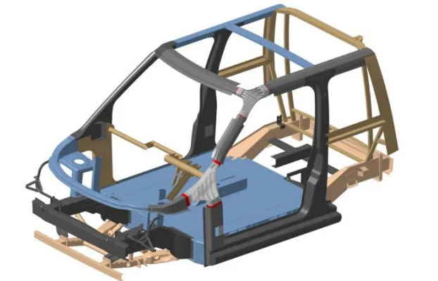Fig. 1 Hybrid gussets Al-Steel for a full electric urban utility vehicle (red parts: steel inserts, white parts: Al-casting nodes).