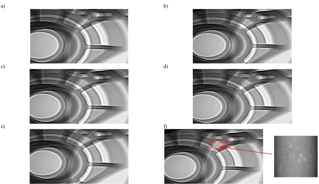 Fig. 2. Exemplary results of the X-ray inspections for the details of various circulating scrap proportions: a) sample No. 1, b) sample No. 2, c) sample No. 3, d) sample No. 4, e) sample No. 5, f) sample No. 6