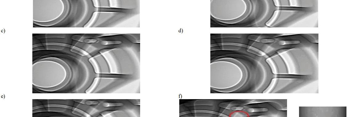 Fig. 2. Exemplary results of the X-ray inspections for the details of various circulating scrap proportions: a) sample No. 1, b) sample No. 2, c) sample No. 3, d) sample No. 4, e) sample No. 5, f) sample No. 6