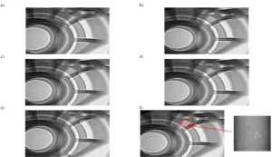 Fig. 2. Exemplary results of the X-ray inspections for the details of various circulating scrap proportions: a) sample No. 1, b) sample No. 2, c) sample No. 3, d) sample No. 4, e) sample No. 5, f) sample No. 6