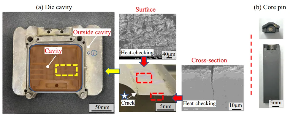 Figure 1. Photographs of the die-casting die used for manufacturing mechanical parts after the diecasting operation, showing (a) the die cavity and heat-checking and (b) the core pin.