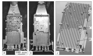 Fig. 16. Thin wall heat dissipation shells (a, b, and c — front, back, and perspective view, respectively), which are produced by air cooled stirring rod (ACSR) process combined with high-pressure die casting machine [51]. Here, A, B, C, and D — regions from which the samples were prepared [51] to study their microstructure and mechanical properties