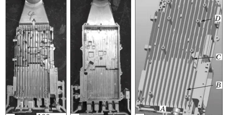 Fig. 16. Thin wall heat dissipation shells (a, b, and c — front, back, and perspective view, respectively), which are produced by air cooled stirring rod (ACSR) process combined with high-pressure die casting machine [51]. Here, A, B, C, and D — regions from which the samples were prepared [51] to study their microstructure and mechanical properties