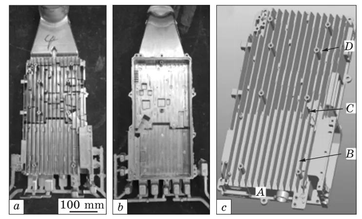 Fig. 16. Thin wall heat dissipation shells (a, b, and c — front, back, and perspective view, respectively), which are produced by air cooled stirring rod (ACSR) process combined with high-pressure die casting machine [51]. Here, A, B, C, and D — regions from which the samples were prepared [51] to study their microstructure and mechanical properties