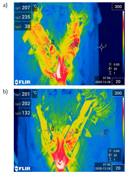 Fig. 2. Thermal images of the mould used in the study: a) fixed half; b) mobile half