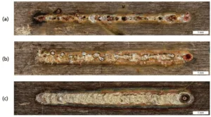 Fig. 1. Comparison of copper weld seam surfaces for same energy per unit length with (a) typical failures during static beam guidance; (b) unsuitable oscillation parameters; (c) adapted oscillation parameters