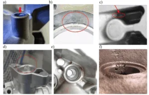 Figure 1. Defects in the workpieces revealed in the production process: a) underfilling, b) sticking, c) cracks, d) breakouts, e) discoloration, f) macroporosity.