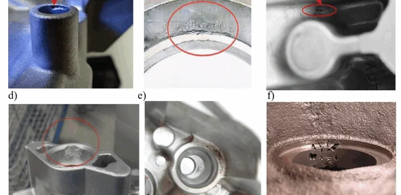 Figure 1. Defects in the workpieces revealed in the production process: a) underfilling, b) sticking, c) cracks, d) breakouts, e) discoloration, f) macroporosity.