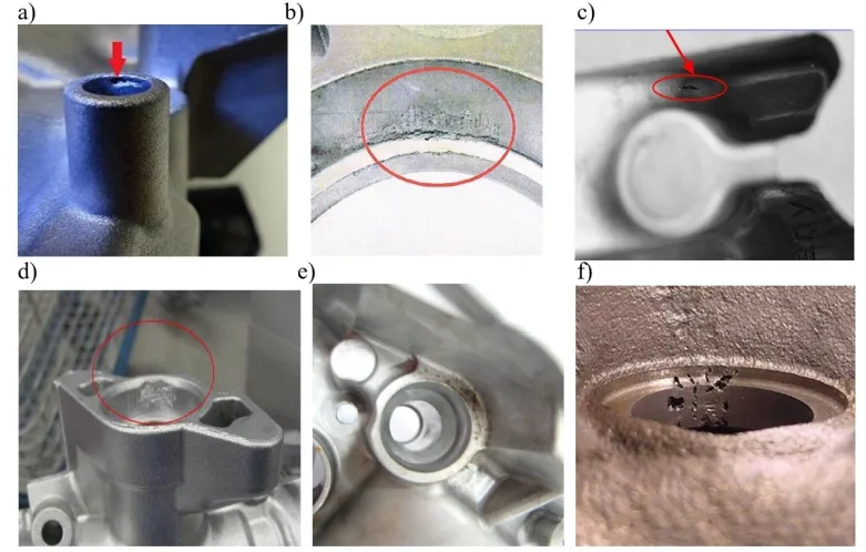 Figure 1. Defects in the workpieces revealed in the production process: a) underfilling, b) sticking, c) cracks, d) breakouts, e) discoloration, f) macroporosity.