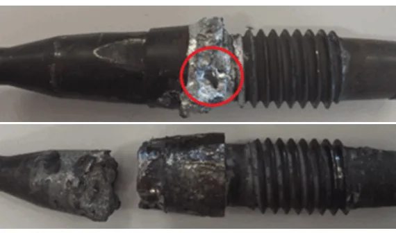 Figure 2. External aspect of some nozzles removed from the high-pressure die-casting equipment after severe damage: (a) exhibiting a hole; (b) or even being broken