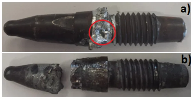 Figure 2. External aspect of some nozzles removed from the high-pressure die-casting equipment after severe damage: (a) exhibiting a hole; (b) or even being broken 