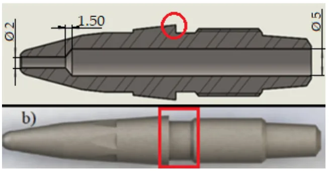 Figure 6. Cross-sectional view (a) and 3D model (b) of the original nozzle, with the abrupt external change in section highlighted in red 