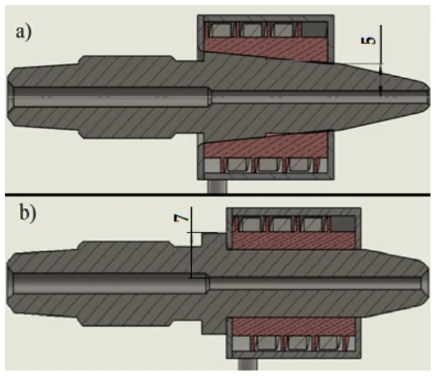 Figure 13. First iteration nozzle with assembled electrical resistance (a) Second iteration nozzle with assembled electrical resistance (b)