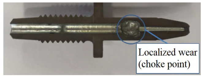 Figure 15. Wear sustained at the choke point by a second
iteration injection nozzle (after intense use)
