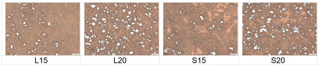 Fig.1 - Illustration of the microstructures with L15 and L20 samples being cast using conventional high-pressure die casting and S15 and S20 being cast using rheocasting. Scale bar is 100µm.