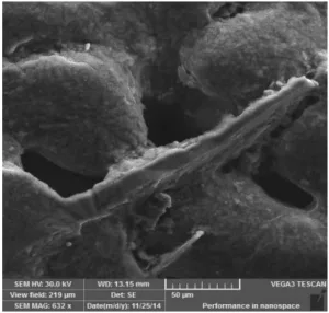 Fig. 1 Interdendritic spaces of the AlSi12NiMgCu alloy filled with rough phases Al5FeSi (Fe content 0.82 [wt. %]) [9]
