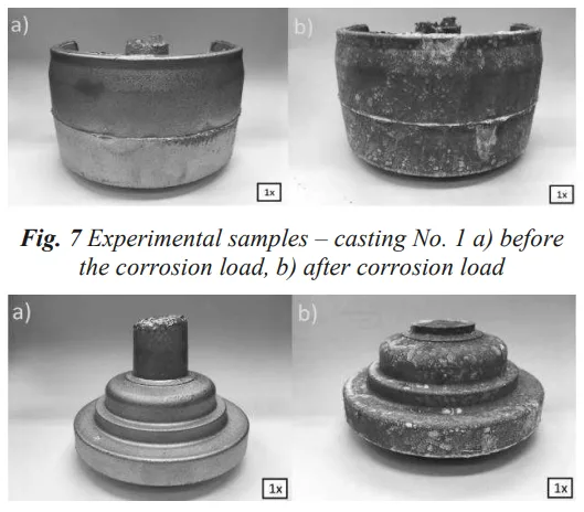 Fig. 8 Experimental samples – casting No. 2 a) before
the corrosion load, b) after corrosion load