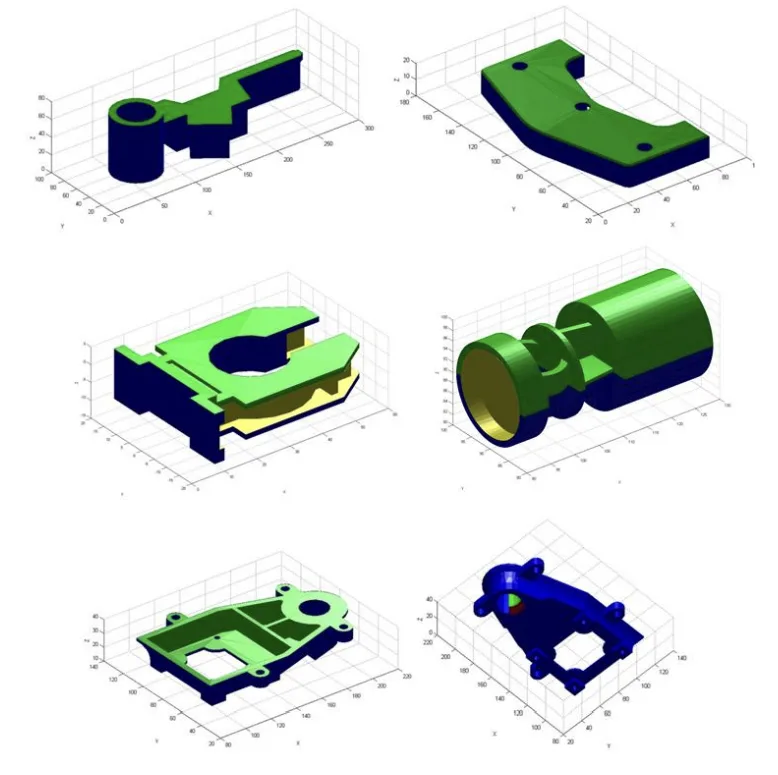 Fig20.- Results of demoldability, Cases A, B, C, D, E.
Parts F and G have been used as an example of optimizing the geometry of the part as a methodology in order to
enhance its demoldability, Table 2 shows the results of applying the demoldability analysis algorithm over both parts.
The graphic demoldability analysis results are indicated in Fig. 21.