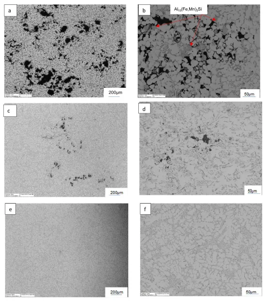 Fig.4 – Microstructure of diecast AlSi9 Cu3 (Fe) alloy: (a,b) untreated; degassed with (c,d) impeller+N2  and (e,f) rotary vessel-sonication.