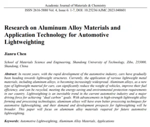 Research on Aluminum Alloy Materials and Application Technology for Automotive Lightweighting