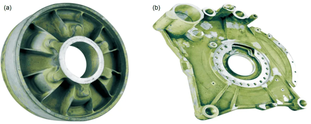 Fig. 5: Squeeze casting wheel (a) and transmission supporting frame (b) [41-42]