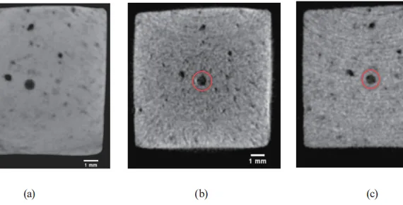 Fig. 10. (Color online) DXCT of ADC12 sample 1: (a) total-energy 2D CT image, (b) low-energy 2D CT image, and (c) high-energy 2D CT image.