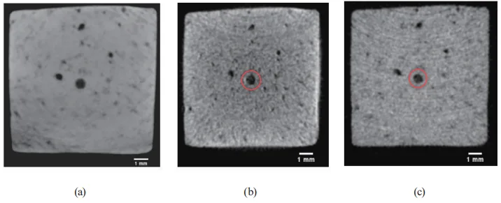 Fig. 10. (Color online) DXCT of ADC12 sample 1: (a) total-energy 2D CT image, (b) low-energy 2D CT image, and (c) high-energy 2D CT image.