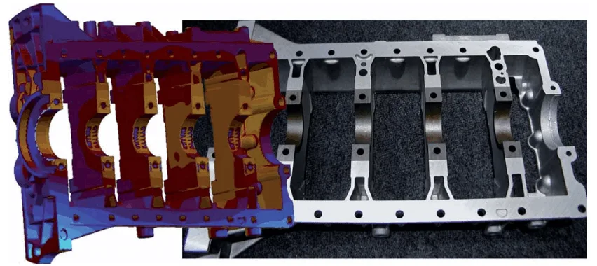 Castings whose properties are improved by inserts are technically challenging. However, effects such as the control of microstructure or distortion can be predicted with the help of casting simulation (Photo: MAGMA)