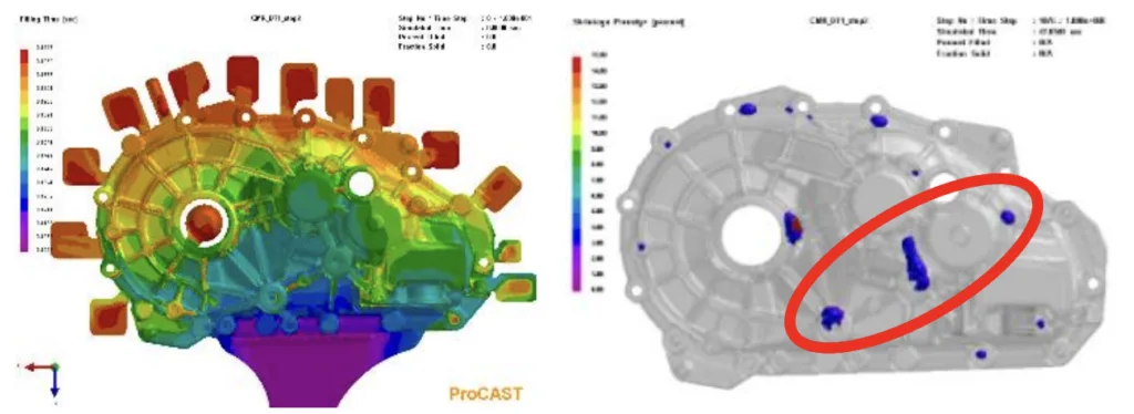 Fig2b: Filling time plot (left), confirming the overflow locations to have filled the last and Shrinkage Porosity (right) highlighting the hot spots in the casting