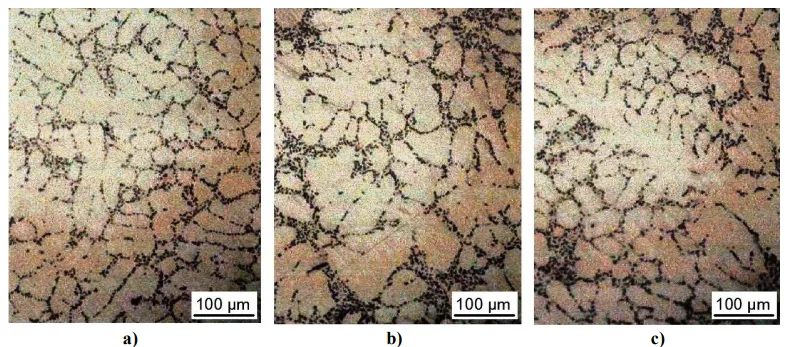 Fig. 2. Micrographs (200x) of the sample sections: (a) standard, (b) chill-off and (c) non-degassed castings