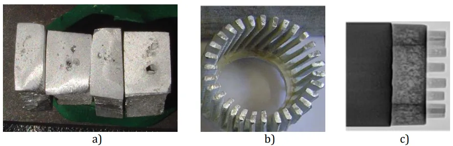 Fig. 5. Voids in the rings of the rotor squirrel cages (a, c) and in the bars inside the laminations (b)