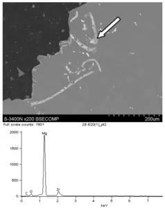 Fig. 6. EDS analysis of impurities, narrow points the area of analysis